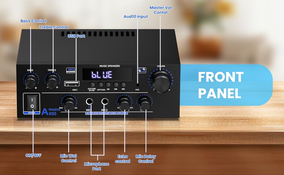 AK55 HiFi стерео підсилювач 2-канальний, 1000 Вт Bluetooth 5.3, 50+50 Вт, для 8-дюймових домашніх колонок, бас/требл, AUX, FM, мікрофон, USB