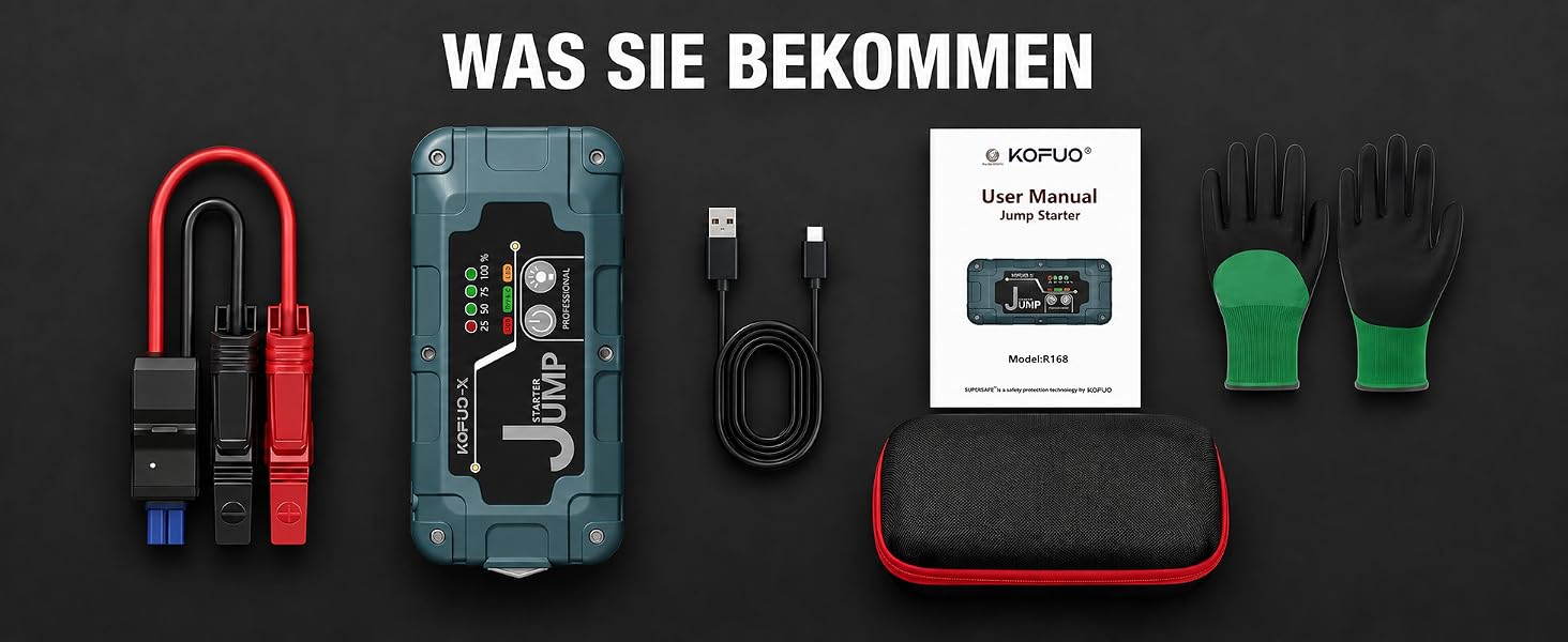 Бустер для автомобіля 7000А Jump Starter Powerbank 12V для бензинових (8л) та дизельних (6.5л) двигунів, пусковий пристрій з LED-ліхтарем та набором аксесуарів, зелений