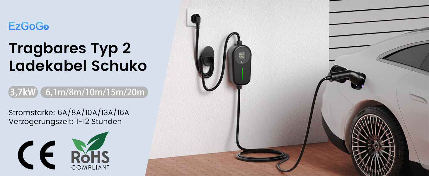 Зарядний кабель для електромобіля EzGoGo Type 2 (Schuko), 3.7 кВт, 6-16А, довжина 6.1 м