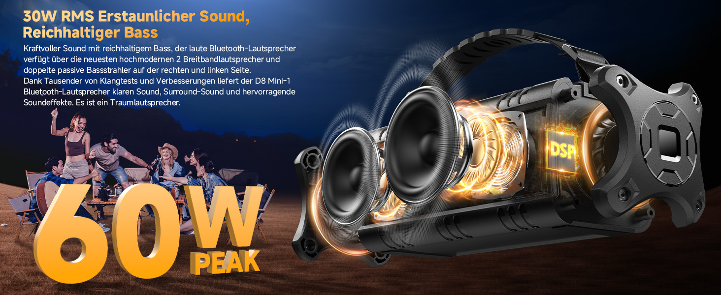 W-KING Bluetooth колонки: портативна, водонепроникна (IPX6), 60W, 24 години роботи, TF карта, USB, AUX, чорний