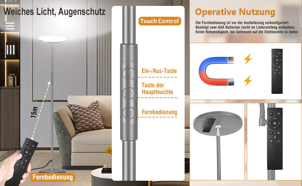 Стеляна LED-лампа Stehlampe для вітальні, 4200LM з регулюванням яскравості, пультом та сенсорним керуванням, 36W, сірий колір