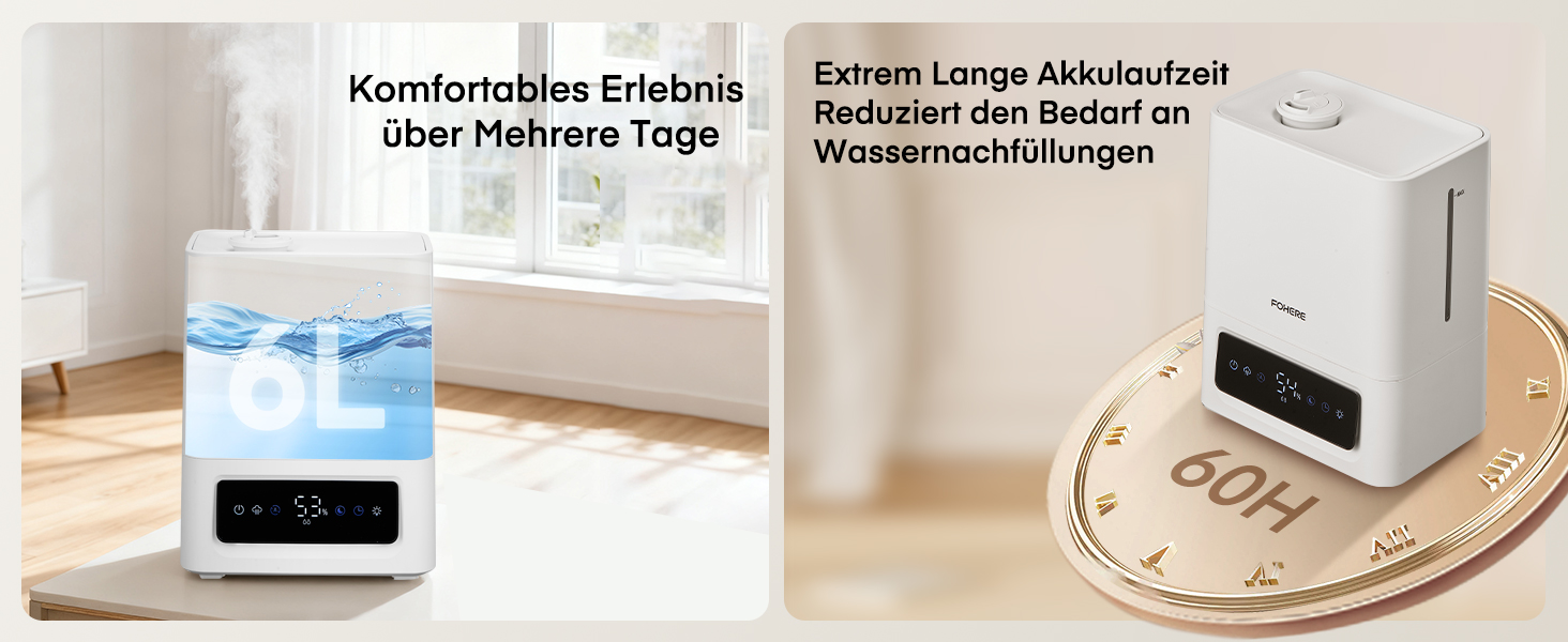 Зволожувач повітря FOHERE 6L для великих приміщень, 60 годин холодного туману, тихий зволожувач для дитячої кімнати, спальні, рослин, 28dB, точний датчик вологості, 16 годин таймер, аромадифузор, білий