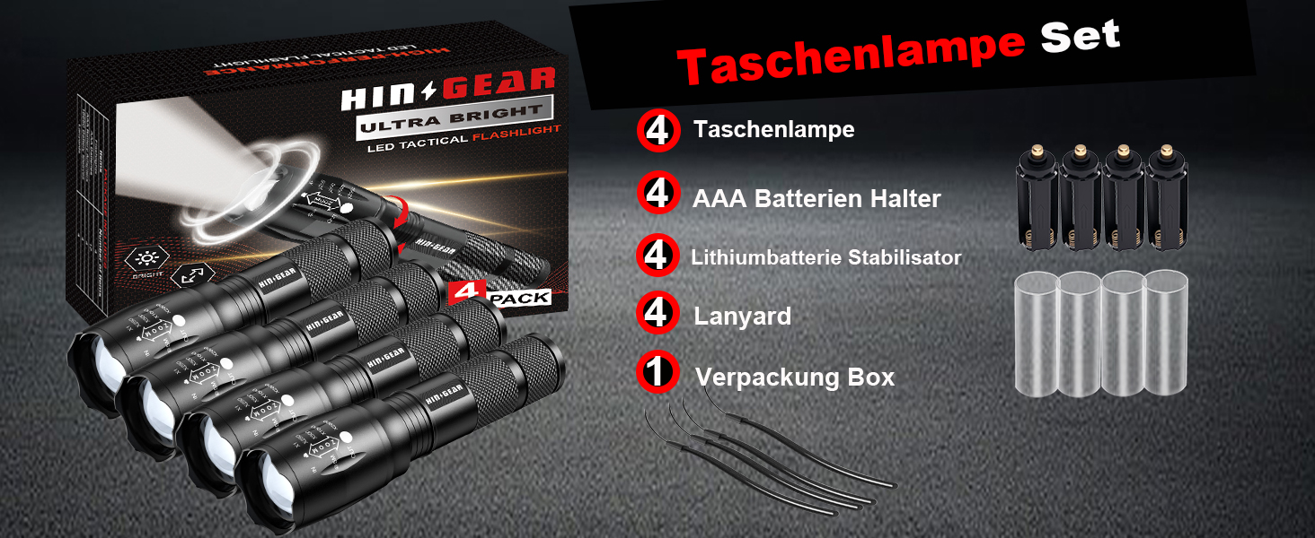 Набір ліхтариків Modus Extrem Hell 4 шт. - потужні LED ліхтарики з алюмінію, 2000 люмен, водонепроникні (IP65), з функцією зуму, для кемпінгу, туризму, надзвичайних ситуацій, подарунок, чорний