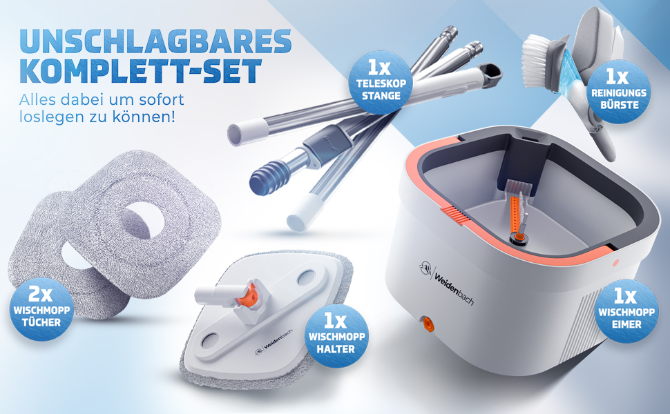 Набір для миття підлоги Wischmopp з відром | Система з 2 камери для розділення брудної та чистої води | Ефективний мийник підлоги з функцією віджиму | Сірі насадки