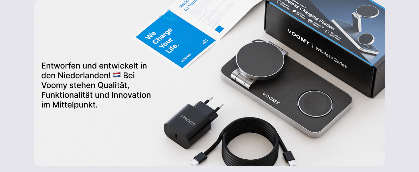 База для бездротової зарядки Voomy 3-в-1 з підтримкою MagSafe, для iPhone, AirPods та Apple Watch, 15W, складана, швидка зарядка, з USB-C кабелем та адаптером (Чорний)