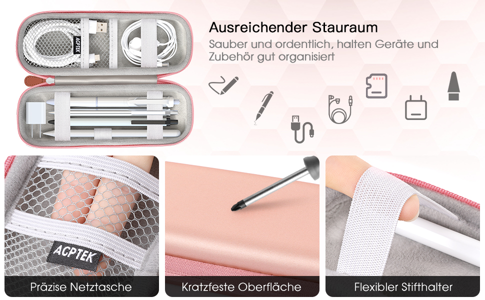 Чохол для Apple Pencil та інших стилусів, преміум-якість, шкіра, з кишенькою для кабелю USB, рожевий