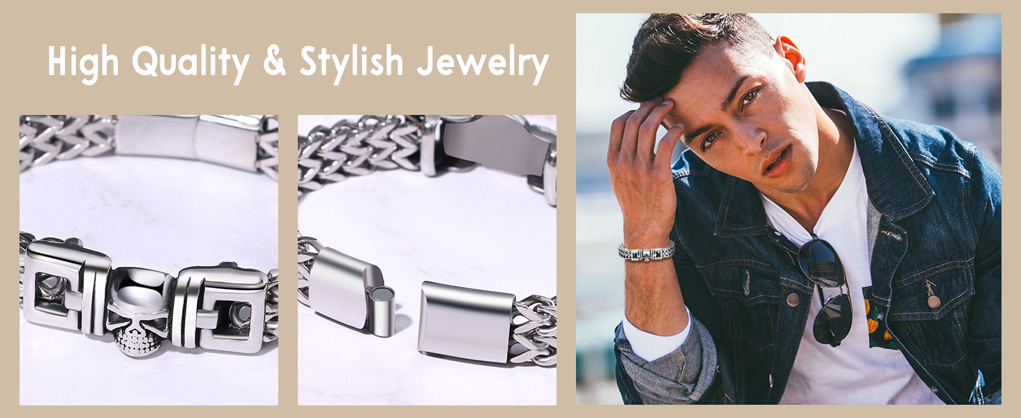 Чоловічий браслет-ланцюг JewelryWe в готичному стилі: срібний браслет з черепом для байкерів, сталевий ланцюг на руку