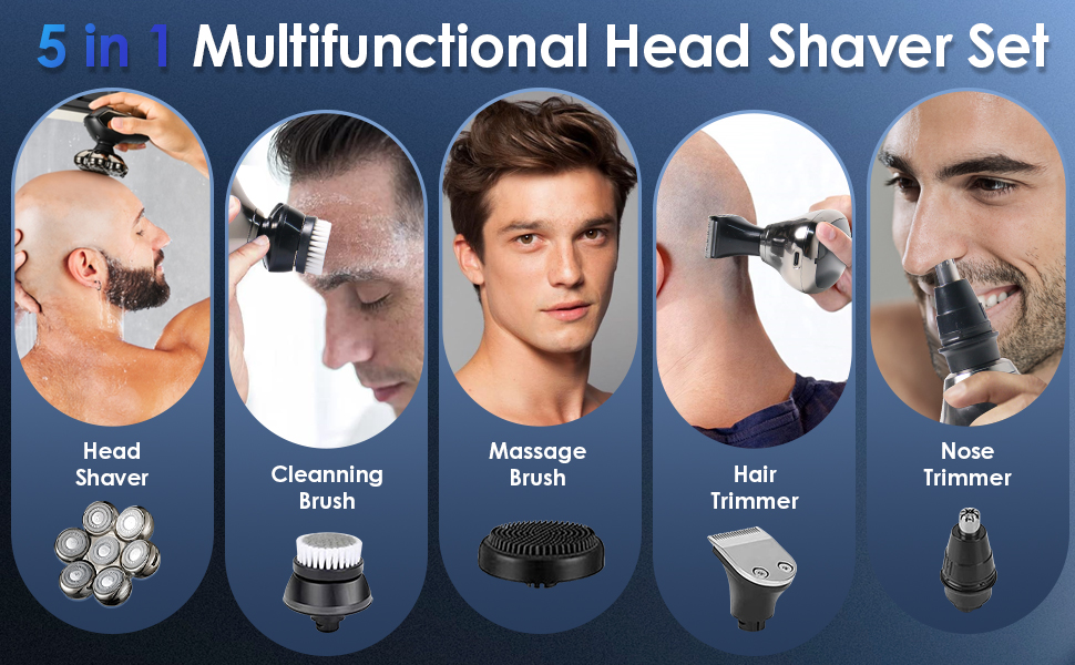 Електричний гостростример для голивної голови 5-в-1 для чоловіків, з 7 обертовими лезами, водонепроникний, USB-C, з LED-дисплеєм