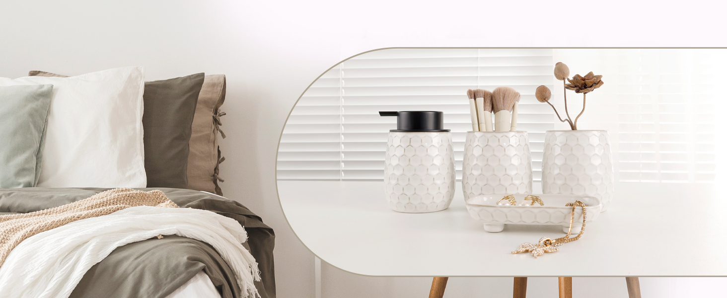 Набір для ванної кімнати: органайзер з кераміки (4 шт.) - дозатор мила 400 мл, стакан для зубної щітки, мильниця, декор преміум-якість (бежевий)