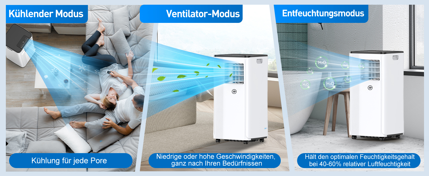 Мобільний кондиціонер Klimaanlage 9000 BTU 3-в-1: охолодження, осушення, циркуляція повітря, LED дисплей, пульт, таймер, тихий, енергоефективний, для приміщень до 88 м³