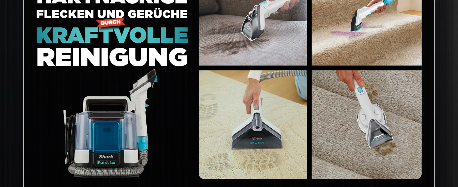 Shark Бездротовий видальник плям, портативний пилосос для прання та видалення запахів, для килимових покриттів, м'яких меблів та іншого, з коробкою для зберігання, аксесуарами та 2 × засіб для чищення, HX100EUCP (StainStriker Lösning Starterflaschen)