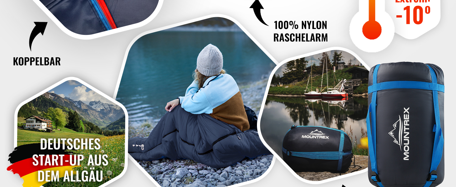 Сплячий мішок MOUNTREX® - компактний та ультралегкий (760г/1500г) - Outdoor (100GSM) / 3-4 сезони (300GSM) - Мумієподібний спальний мішок – кемпінг, подорожі, фестивалі – теплий та з'єднуваний (Темно-синій/Синій, 3 сезони - 1500г (RV Ліворуч))