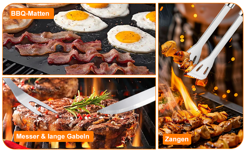 Набір аксесуарів для гриля з нержавіючої сталі, 28 предметів. Ідеальний для відпочинку на природі, кемпінгу та як подарунок на День батька, День народження або Різдво. З кейсом для зберігання.