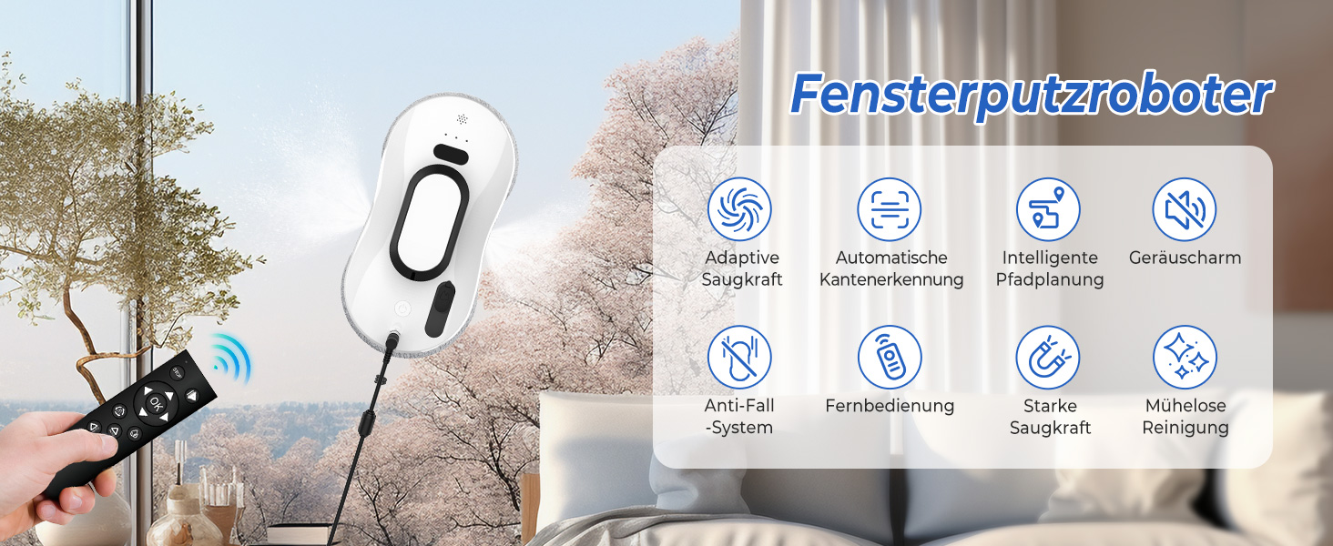 Робот для миття вікон Fensterputzroboter 5600Pa з пультом, 3 режимами, безпекою та навігацією для гладких поверхонь