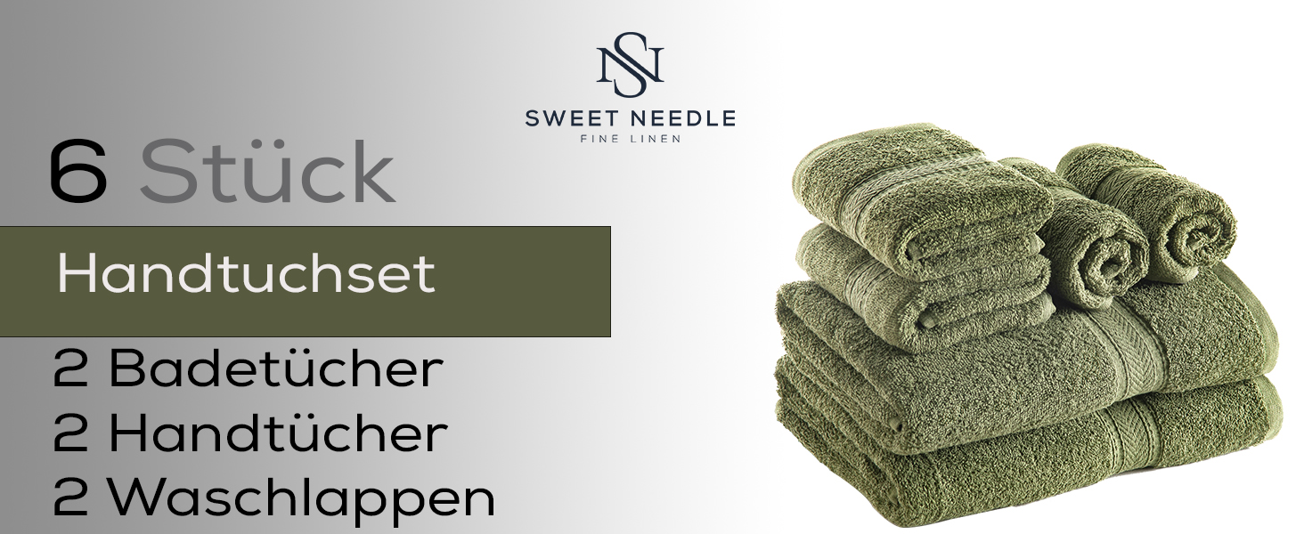 Набір рушників Sweet Needle 6 предметів: 2 банні, 2 для рук та 2 для обличчя, бавовняні, гігроскопічні та швидкосохнучі, готельна якість (Оливковий)