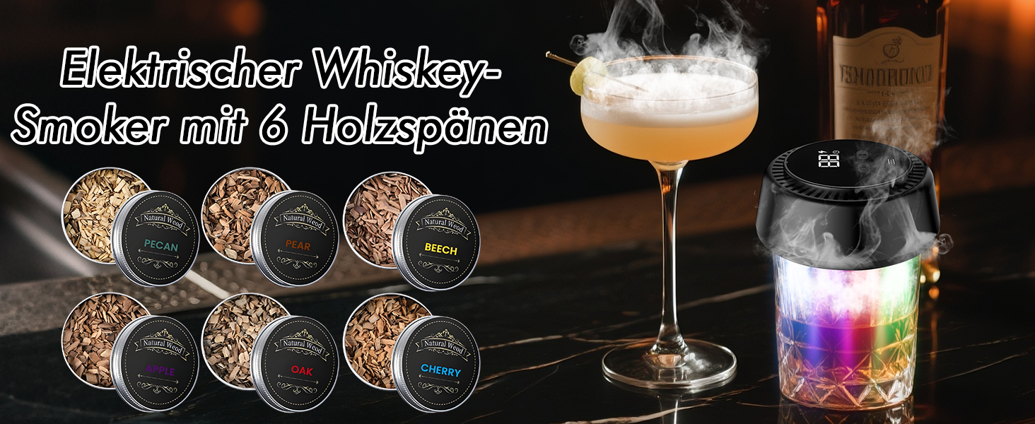 Електричний набір для копчення віскі, коктейльний дим-сет з LED-підсвічуванням, ретро-набір для копчення з 6 дерев'яними чіпсами, USB-C перезарядна аксесуар для віскі та бурбону