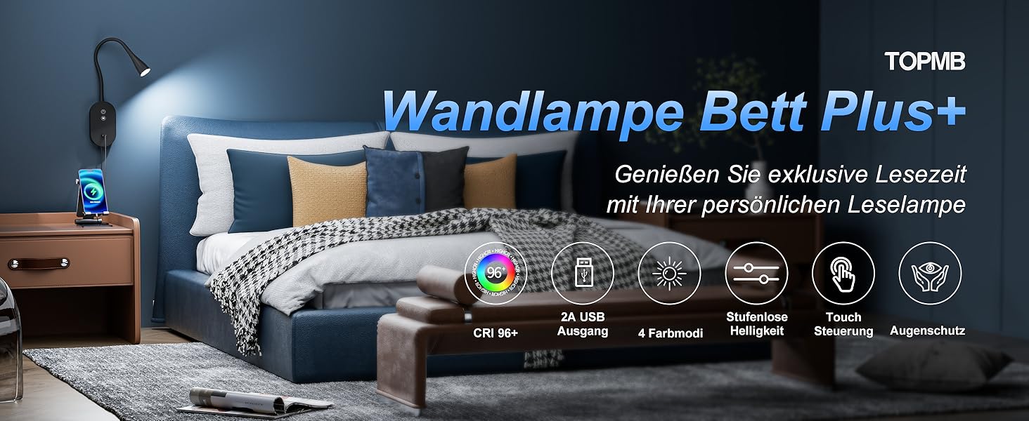 Нічна LED лампа для читання Wandleuchte з USB, 5 рівнів яскравості, сенсорне управління, гнучкий кронштейн, автовимкнення (Чорна)