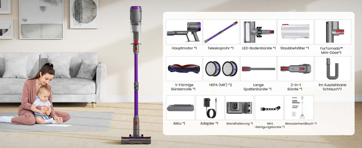 Бездротовий акумуляторний пилосос NOVAX T80 Flex: 600W, 58000Pa, 75 хвилин роботи, для килимів, твердих поверхонь та шерсті тварин, з міні-насадкою FurTornado™ та щіткою для видалення кліщів