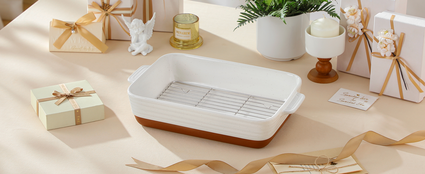 Форма для запікання MALACASA Serie TARA, 4.5л, кераміка, прямокутна, стійка до подряпин | Для лазаньї, тірамісу, запіканок 35*23.8 см (з решіткою)