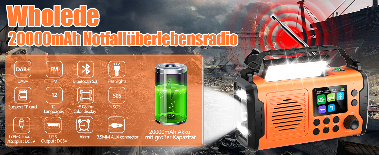 Радіо Kurbelradio з сонячною панеллю та живленням від ручки, 20000mAh, DAB/DAB+/FM, Bluetooth 5.3, Powerbank, SOS, ліхтарик, компас, AUX, TF картка, LED-лампа, помаранчеве