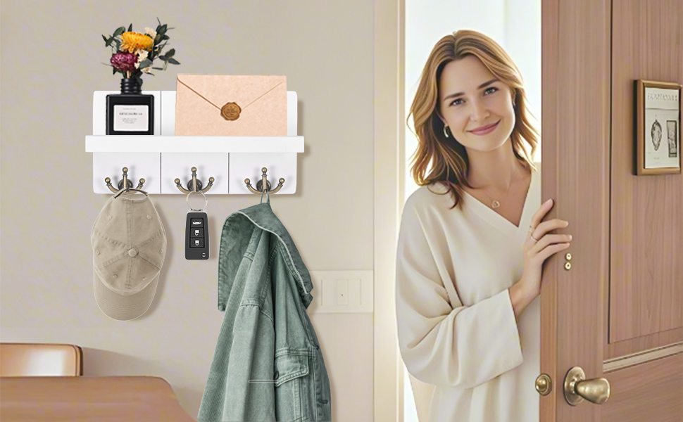 Дерев'яне ключниця з полицею та 6 гачками, ключниця на стіну для прихожей, коридору, кухні (Колір: Коричневий)