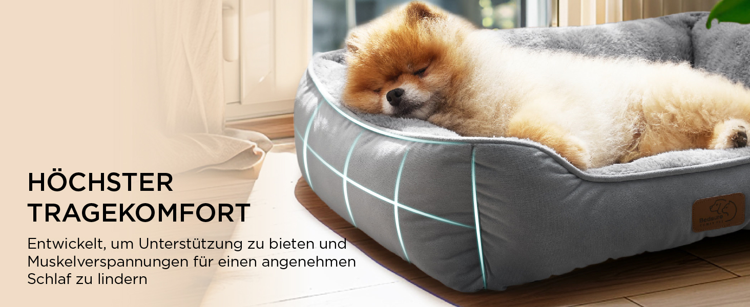 Кішечка ліжко BEDSURE велике, миється - 63.5x53см, неслизьке, для собак та кішок, квадратна корзина з м'яким бордюром, сіре, 63.5 x 53 см (Д x Ш)