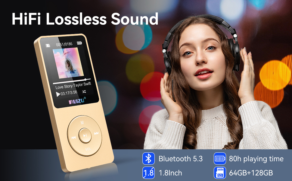 MP3-плеєр 64GB з Bluetooth 5.3, легкий (30г), до 80 годин роботи, 1.8