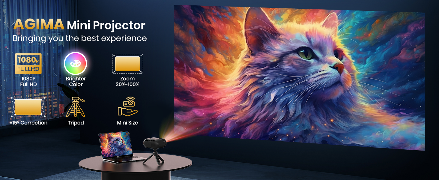 Портативний проєктор Mini Beamer 1080p з Wi-Fi, Bluetooth та штативом. Підтримка HDMI, USB, смартфонів, TV-Stick. Ідеально для домашнього кінотеатру та спальні. Чорний колір.