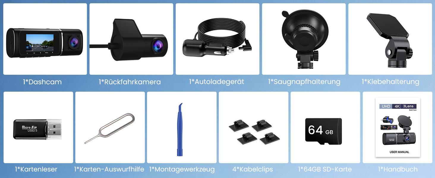 Автомобільний відеореєстратор 4K + 1080P з передньою та задньою камерами, 64GB SD карта, 5GHz WiFi, 1.97