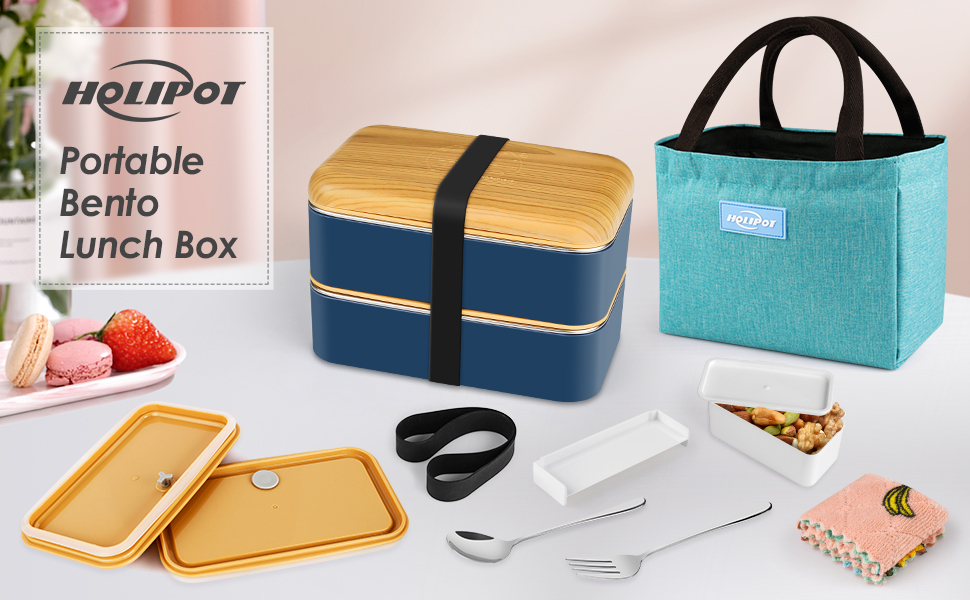 HOLIPOT Ланчбокс Bento Box з роздільниками, 2 рівні, з нержавіючої сталі та PP, з ложкою та виделкою, сумка, для дітей та дорослих, блакитний