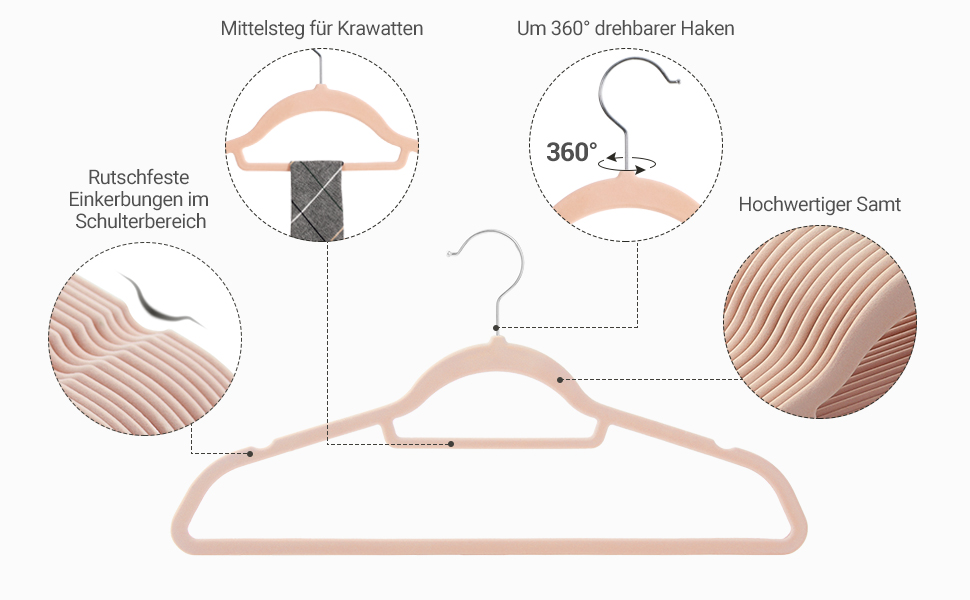 Плечики SONGMICS для одягу, велюрові, набір 50 шт., для сорочок, пальто, штанів, краваток, обертовий гачок, 43,5 см, срібно-рожевий