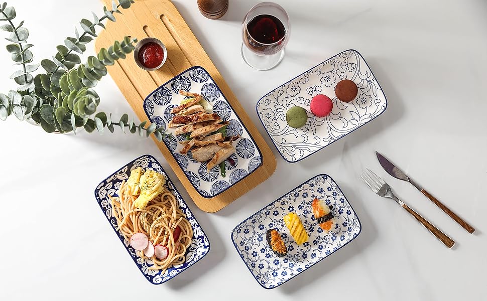 Сервірувальна тарілка Selamica 21 см, прямокутна, набір з 6 шт. для 6 осіб, десертна, для салатів, суші, фруктів, вінтажний синій колір