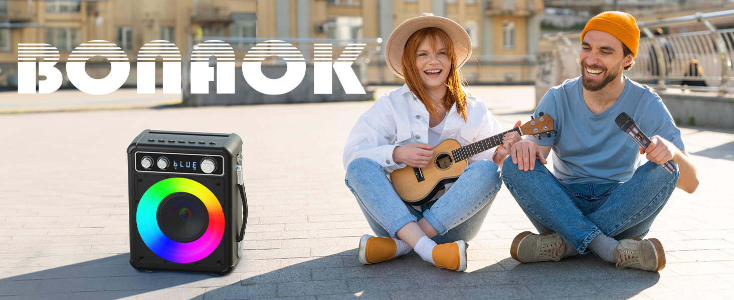 BONAOK Караоке Мікрофон для Дорослих, Портативна Караоке Машина з Bluetooth, 2 Мікрофони, 15 Вт, Підсвітка, Чорний T03