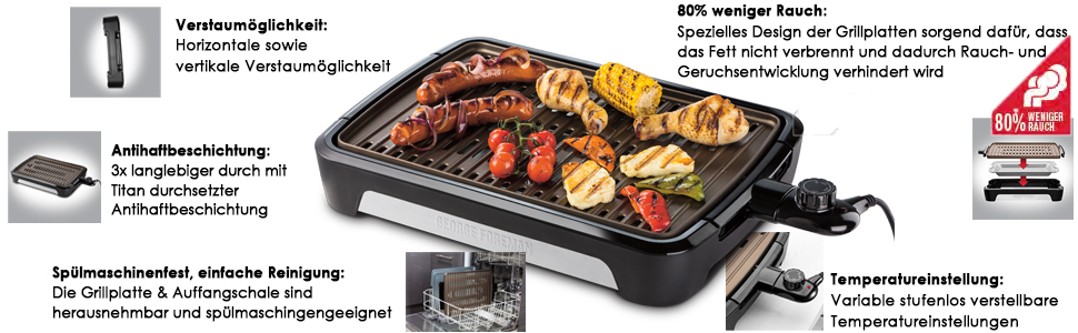 George Foreman Smokeless Grill - Indoor BBQ with Adjustable Temperature, Dishwasher-Safe Grill Plate, and Fat Tray