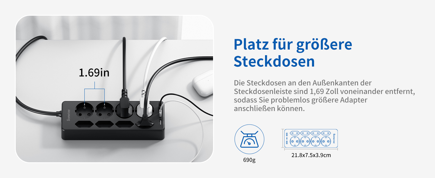 Мережевий фільтр Sameriver 8-фазний з захистом від перенапруги, 3 USB, вимикач, кабель 3M, чорний