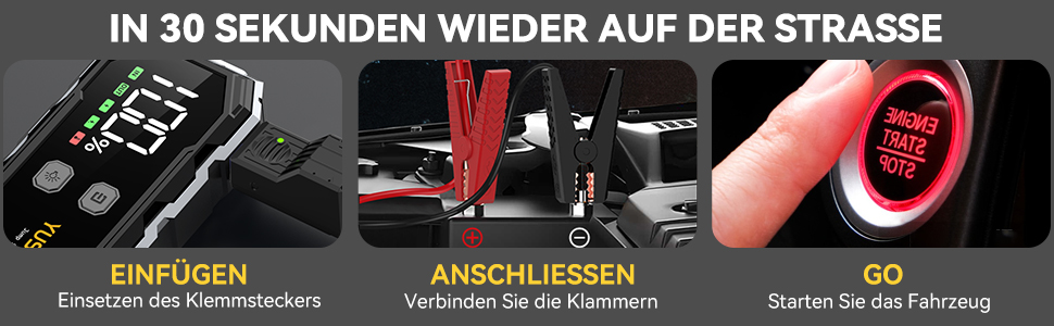 Powerbank для автомобіля Starthilfe: 6000A бустер для акумулятора, LED-ліхтарик, дисплей, кабель. Підходить для SUV, мотоциклів, газонокосарок Black