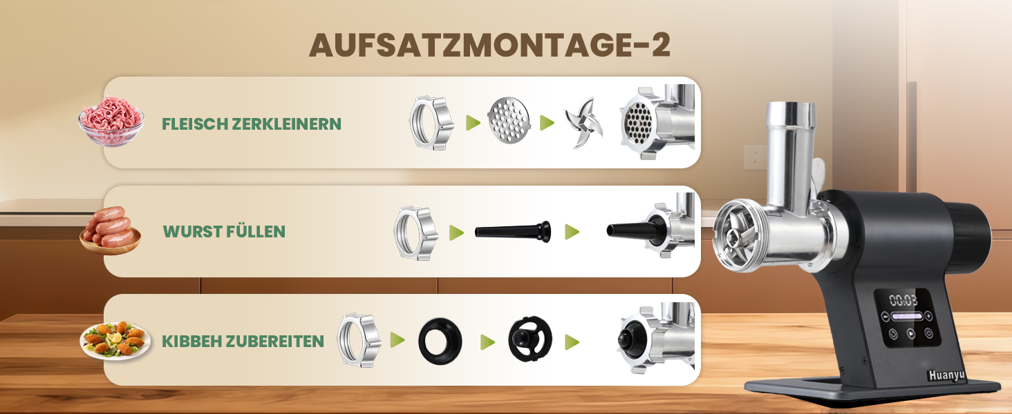 М'ясорубка електрична Huanyu 2000 Вт з сенсорним керуванням, багатофункціональна з 2 ножами та 3 дисками