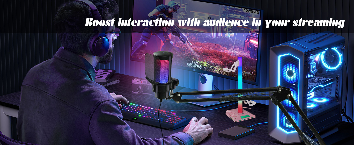 VCOM Gaming Мікрофон з тримачем, USB мікрофон з RGB підсвіткою, поп-фільтром, кнопкою Mute для ПК, подкастів, стрімінгу, YouTube, Mac, PS4, PS5
