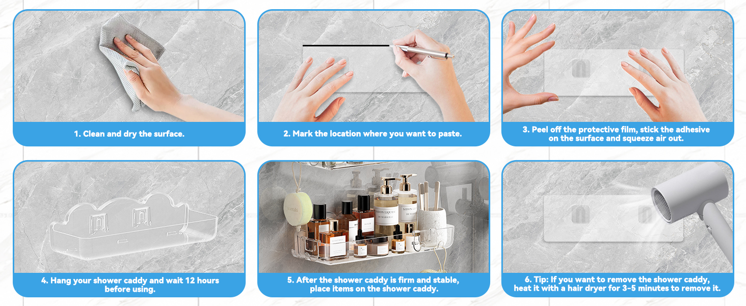 Полиця для душу без свердління, 6 шт. Настінна полиця для ванної кімнати з тримачем для фену та гачками, полиця для душу з нержавіючої сталі, органайзер для ванної кімнати та кухні сірого кольору (2-прозорий)