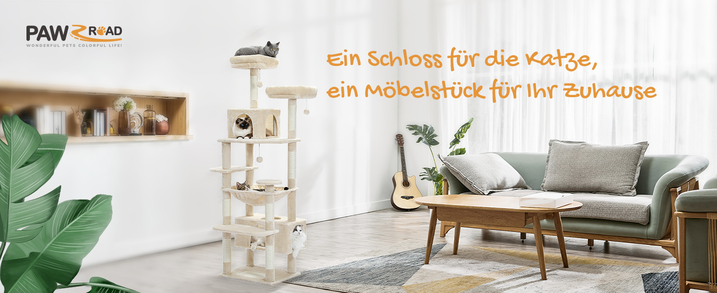 PAWZ Road Дряпка для котів велика, стабільна, 184 см, 7 стовпів сизалю, велика полиця, будиночок, кошики, для дому, бежевий