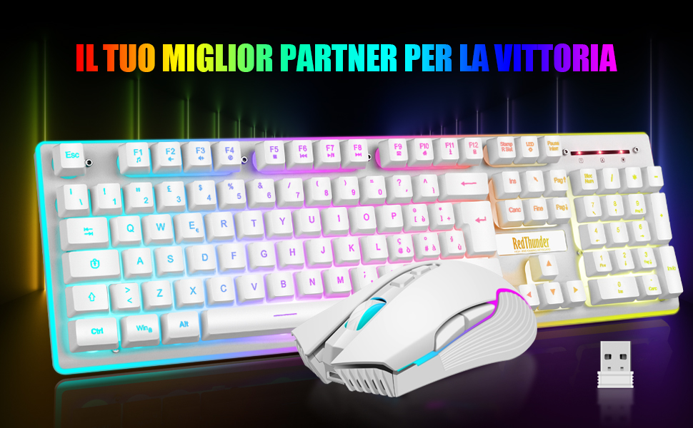 RedThunder K10 Бездротова ігрова клавіатура та миша, LED-підсвічування, акумулятор 3800 mAh, механічний відгук, Anti-Ghosting, миша 7D 3200 DPI, QWERTY-розкладка, для ПК-геймерів (Білий бездротовий)