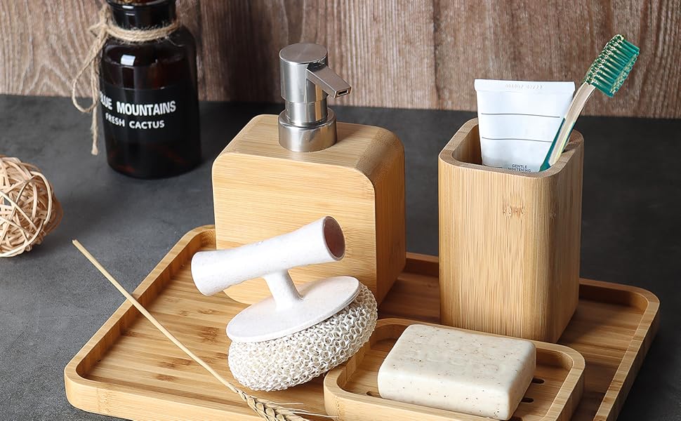 Набір аксесуарів для ванної кімнати Asashizen з бамбука (4 шт.), органайзер, мильниця, дозатор мила, стаканчики