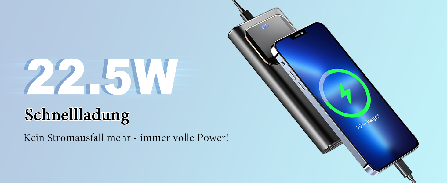 Power Bank 20000mAh з USB-C, PD 3.0, QC 4.0, 22.5W, чорний - для iPhone, Samsung та інших