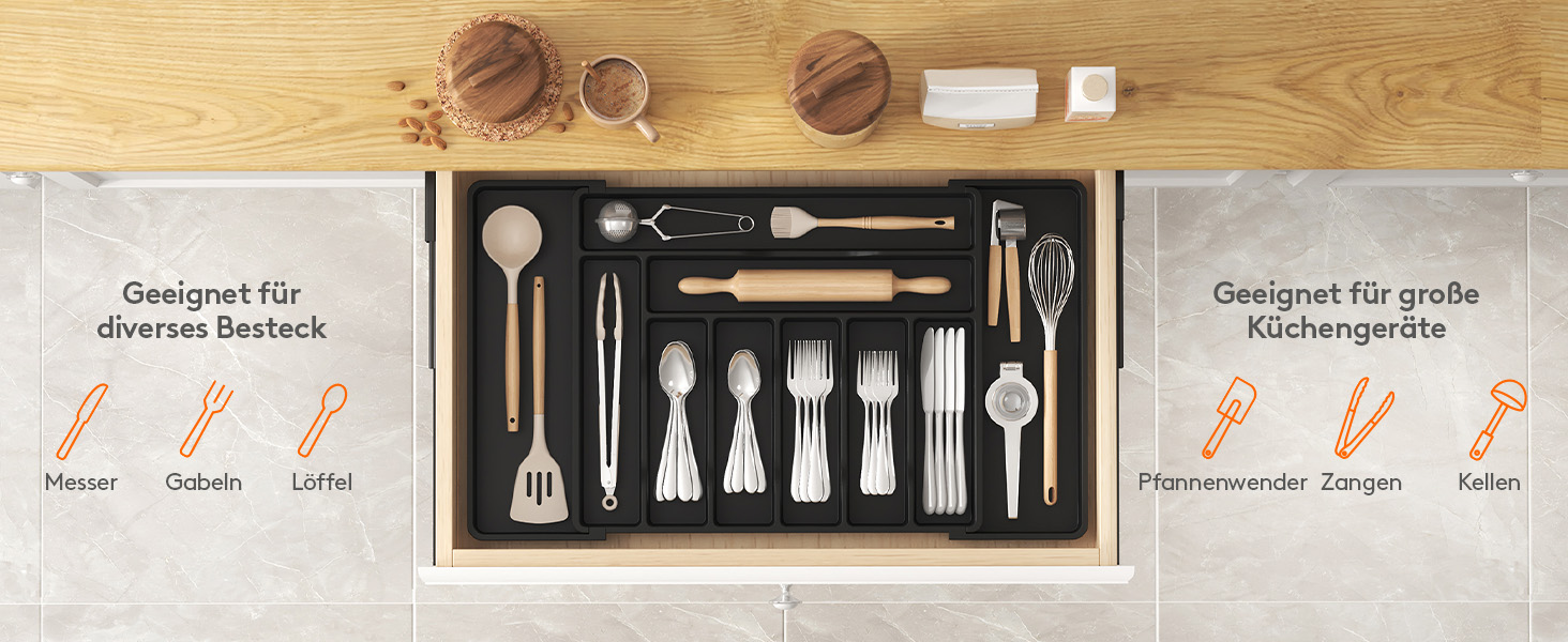 Органайзер для столових приборів Lifewit в шухляду, регульований, чорний (33-57 см x 38 см x 5 см)