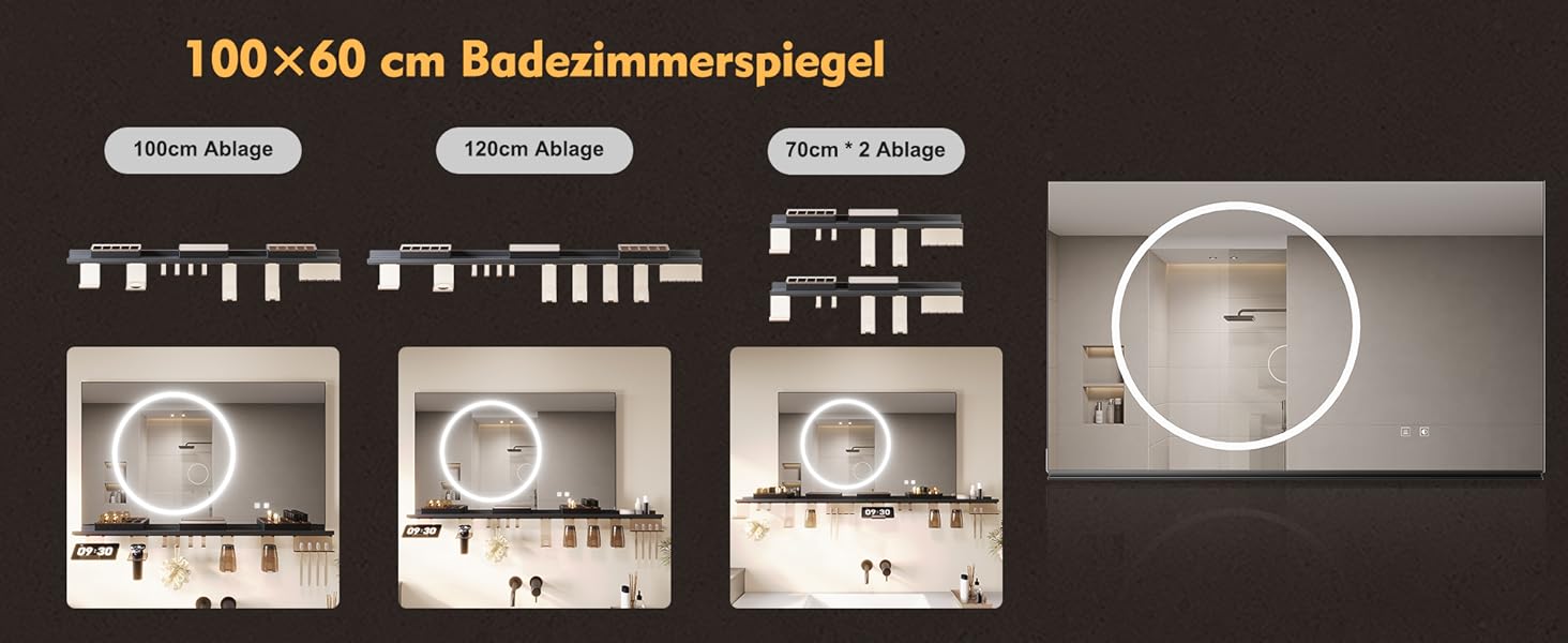 Дзеркало для ванної кімнати SONNI з підсвічуванням 120x60 см, 3 кольори світла, антизапар, годинник, температура, LED, сенсорне управління, білий
