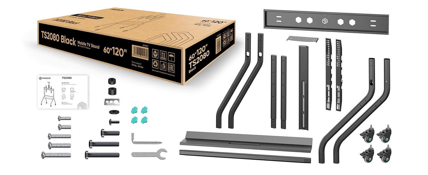 ONKRON Mobile TV Stand for 70-110 inch TVs - Adjustable Height, Rolling Base, VESA 1000x800, Black - TS2081-B / TS2080