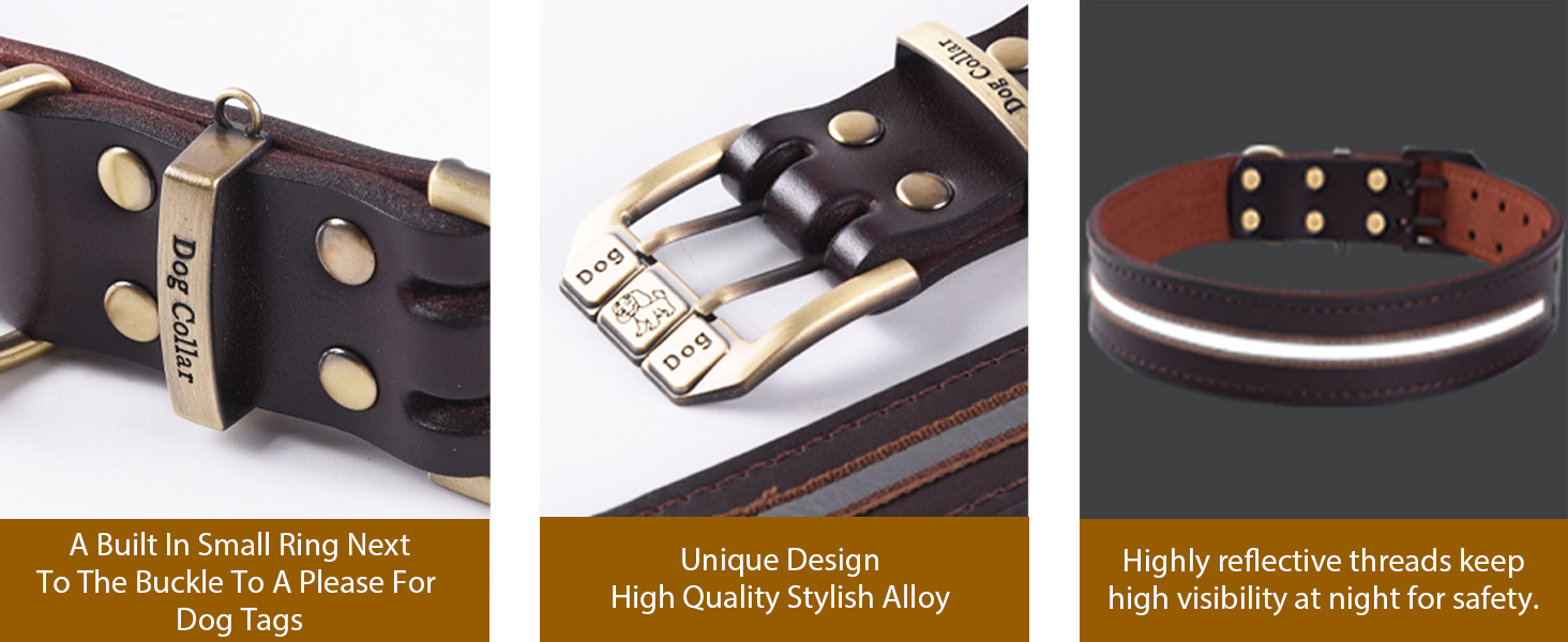Шкіряний нашийник для собак з відбиваючим ефектом, регульований, м'який, з підкладкою, для маленьких, середніх та великих собак (Колір: Коричневий, Розмір L (46-56 см))
