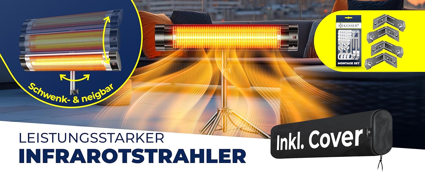 Інфрачервовий обігрівач KESSER® 2500W з пультком та захисним чохлом, телескопічна стійка, для тераси та вітальні
