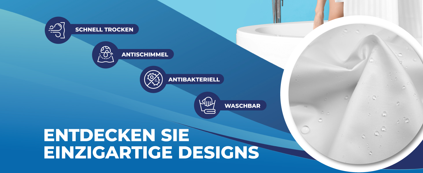 Штора для душу 180x200 см Grey Splash: Водонепроникна текстильна штора з антибактеріальним покриттям та кільцями (12 шт.) - Сірий