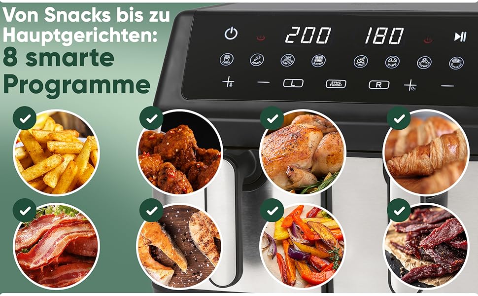 Фритюрниця ProfiCook з 2 камерами | Airfryer | 9 літрів | Фритюрниця з функцією одночасної готовності | Без олії | Антипригарне покриття | PC FR 1296 H з нержавіючої сталі